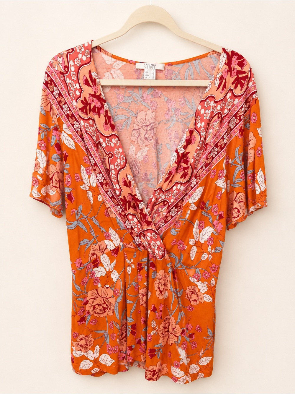 LASCANA Orange Floral Tie-Front V-Neck Blouse